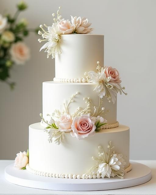 Elegante tarta de boda blanca de varios pisos con flores de azúcar.