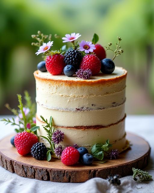 Tarta de boda de estilo rústico con frutas del bosque.