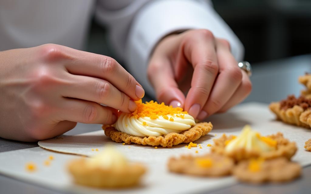 Pasteleros de Gable y Glaseado decorando una tarta con precisión.