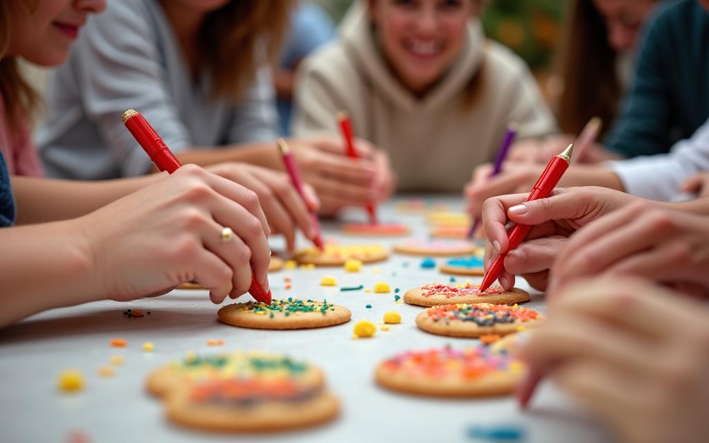 Participantes en un taller de repostería decorando galletas con entusiasmo.